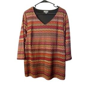 Roz & Ali Wavy Chevron Silver Metallic Blouse Womens 2x 3/4 Sleeve Pullover